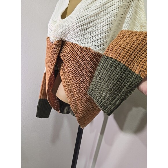 Chunky Knit Cream Tan Green Twist Crop Sweater Womens Lg Deep V Colorblock Boho - Picture 3 of 6